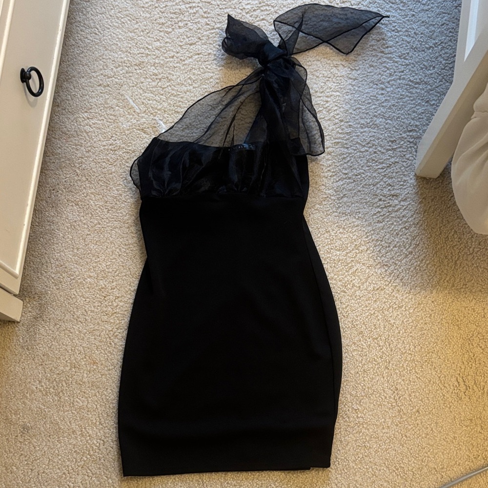 Blue Blush One-Shoulder Black Dress with Organza Bow